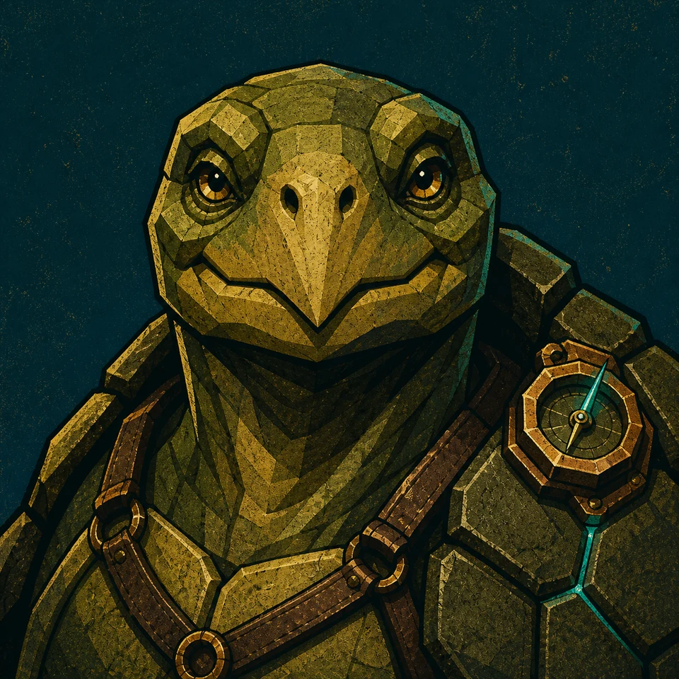Shelldon, una tortuga de mirada curiosa, caparazón verde mineral y un instrumento de latón con aguja turquesa.